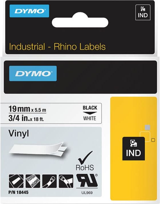 Schriftbänder Dymo RHINO Vinyl 18445/S0718620, schwarz auf weiß, 19mm/5,5m, Vinylband