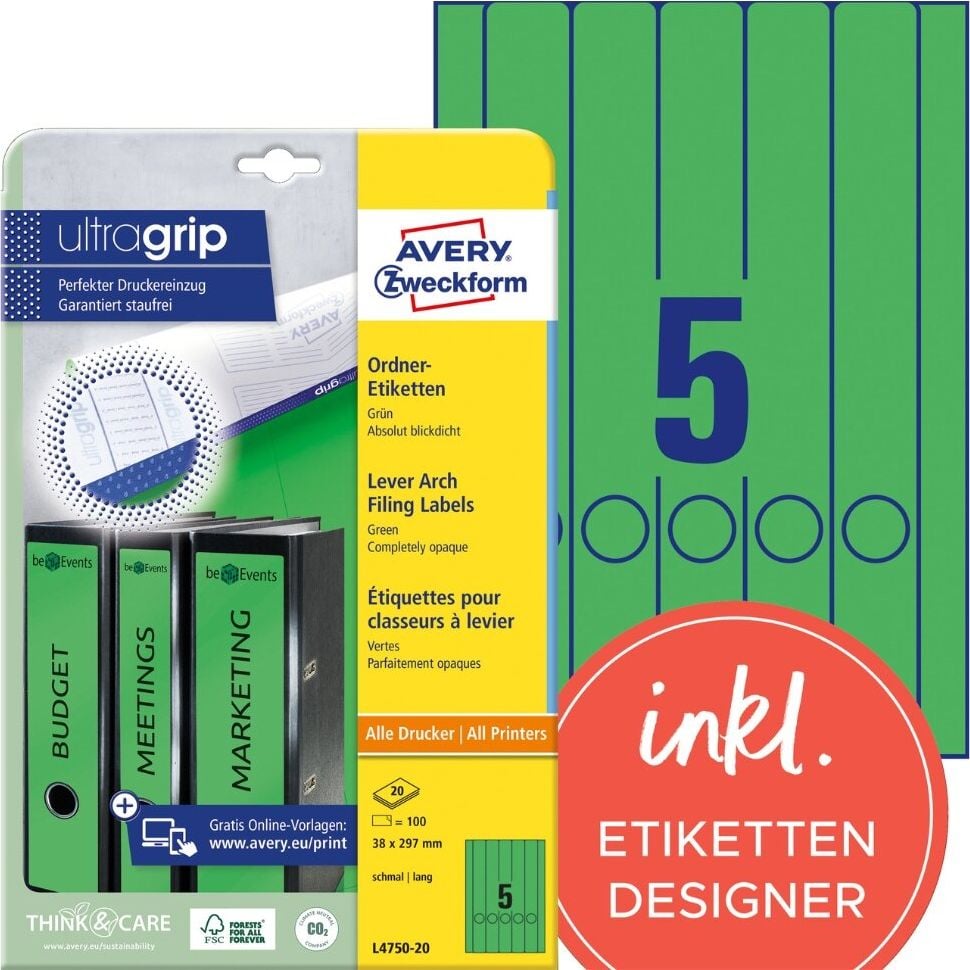 Rückenschilder Zweckform L4750-20 ultragrip, schmal/lang, 297x38mm, auf A4, grün, Pack 20
Blatt/100 Stück