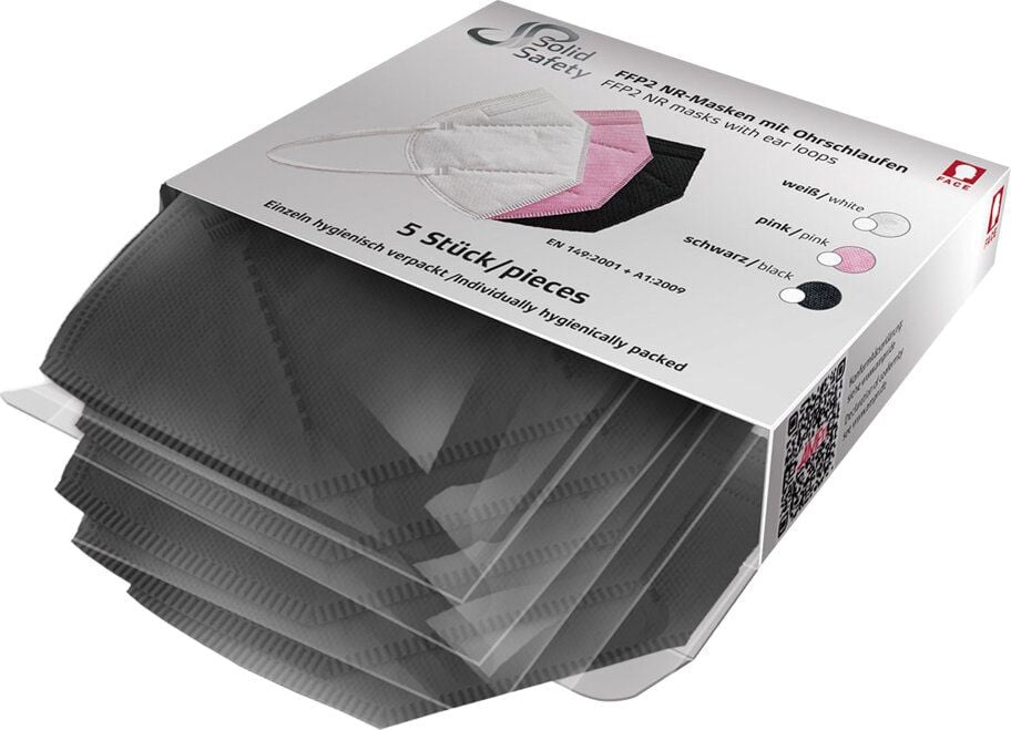 Atemschutzmaske Solid Safety FFP2 NR EN 149:2001+A1:2009, Einwegmaske, ohne Ventil, mit Ohrschlaufen, flach gefaltet, einzeln foliert, schwarz, Pack 5 Stück, schwarz