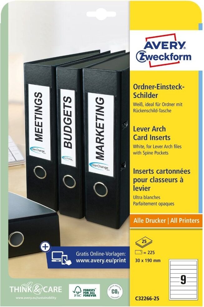 Einsteckrückenschilder Zweckform C32266-25, schmal/kurz, 190x30mm, auf A4, weiß, Karton
190 g/m², Pack 25 Blatt/225 Stück
