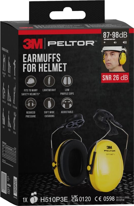 Kapselgehörschutz 3M Peltor Optime H510P3E-1, bis 26 dB, stufenlos verstellbar, P3E-Helmbefestigung, breite Ohrpolster, gelb/schwarz