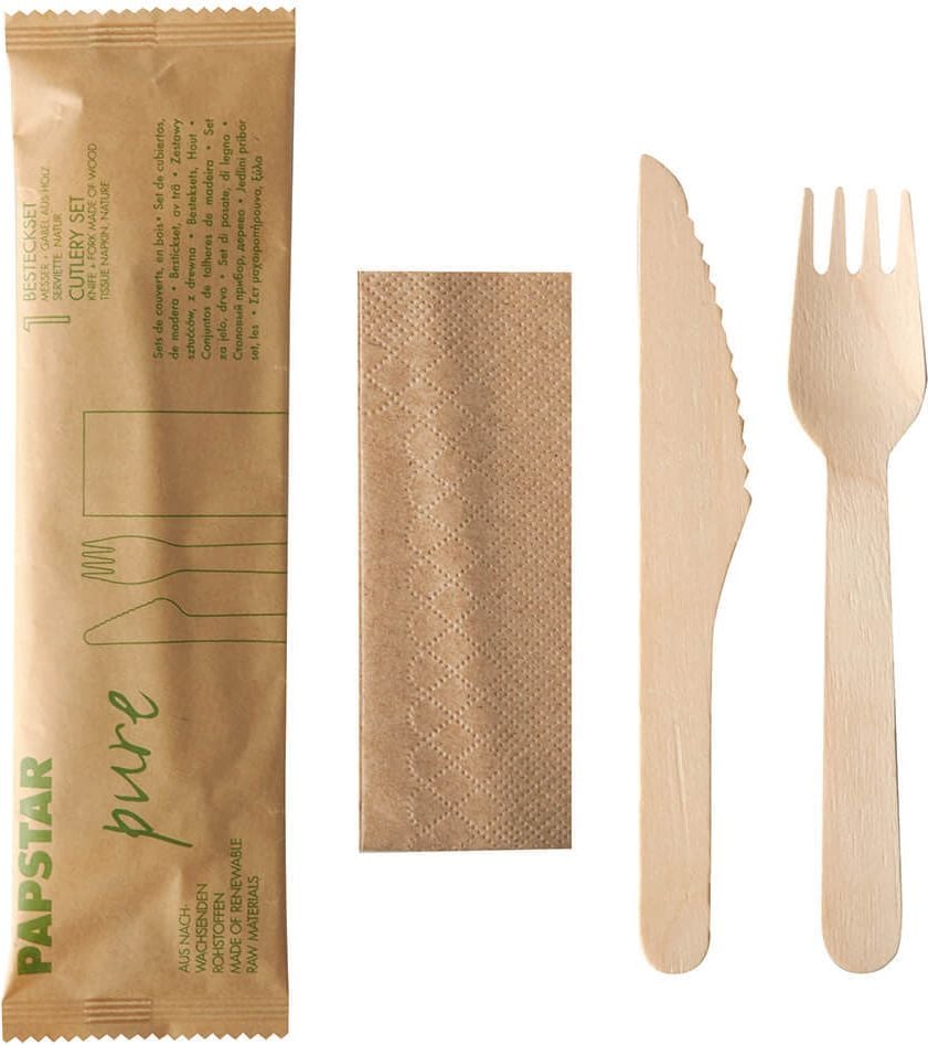 Einwegbesteckset Papstar pure 88229, Holz, Messer + Gabel + Serviette, biologisch
abbaubar, Pack 50 Stück