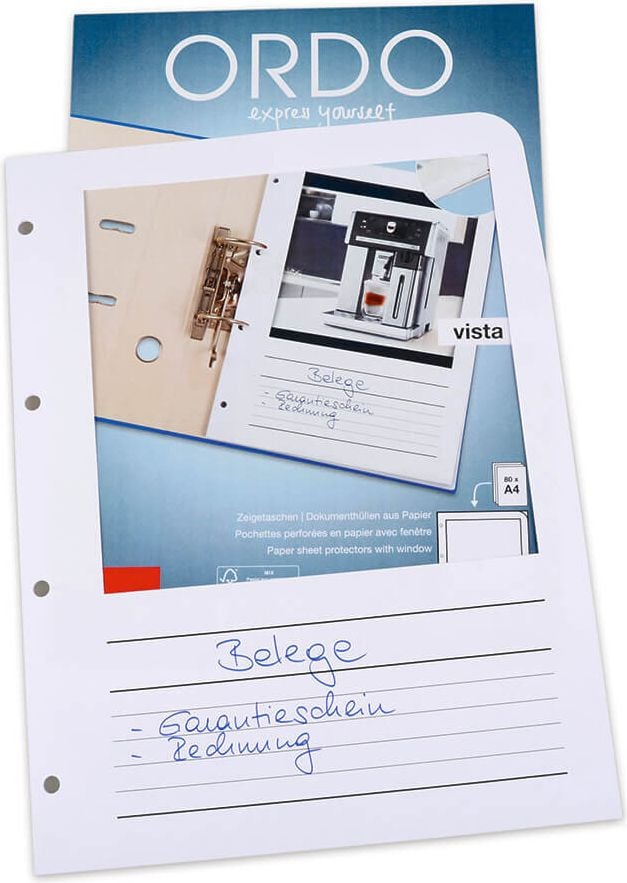 Sichtmappen Elco Ordo vista Zeigetasche 2946210, A4, Karton 120 g/m², Sichtfenster,
Linienaufdruck, Abheftlochung, Pack 100 Stück, weiß