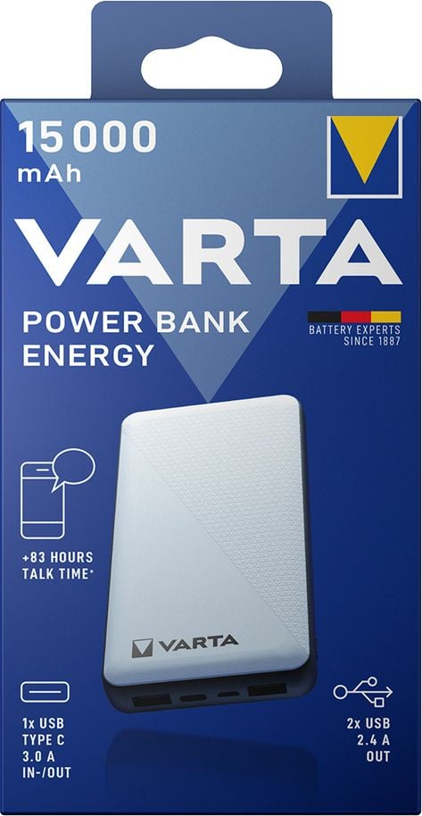 Powerbank Varta 57977 Power Bank Energy 15.000, 15.000 mAh, inkl. Micro-USB Ladekabel, weiß/grau