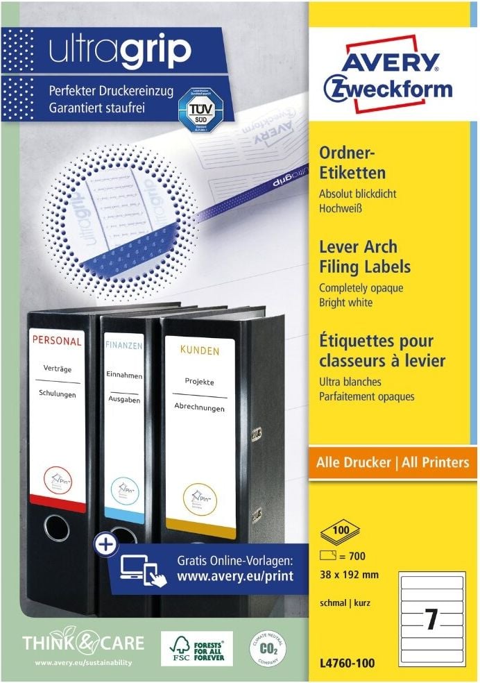 Rückenschilder Zweckform L4760-100 ultragrip, schmal/kurz, 192x38mm, auf A4, weiß, Pack
100 Blatt/700 Stück