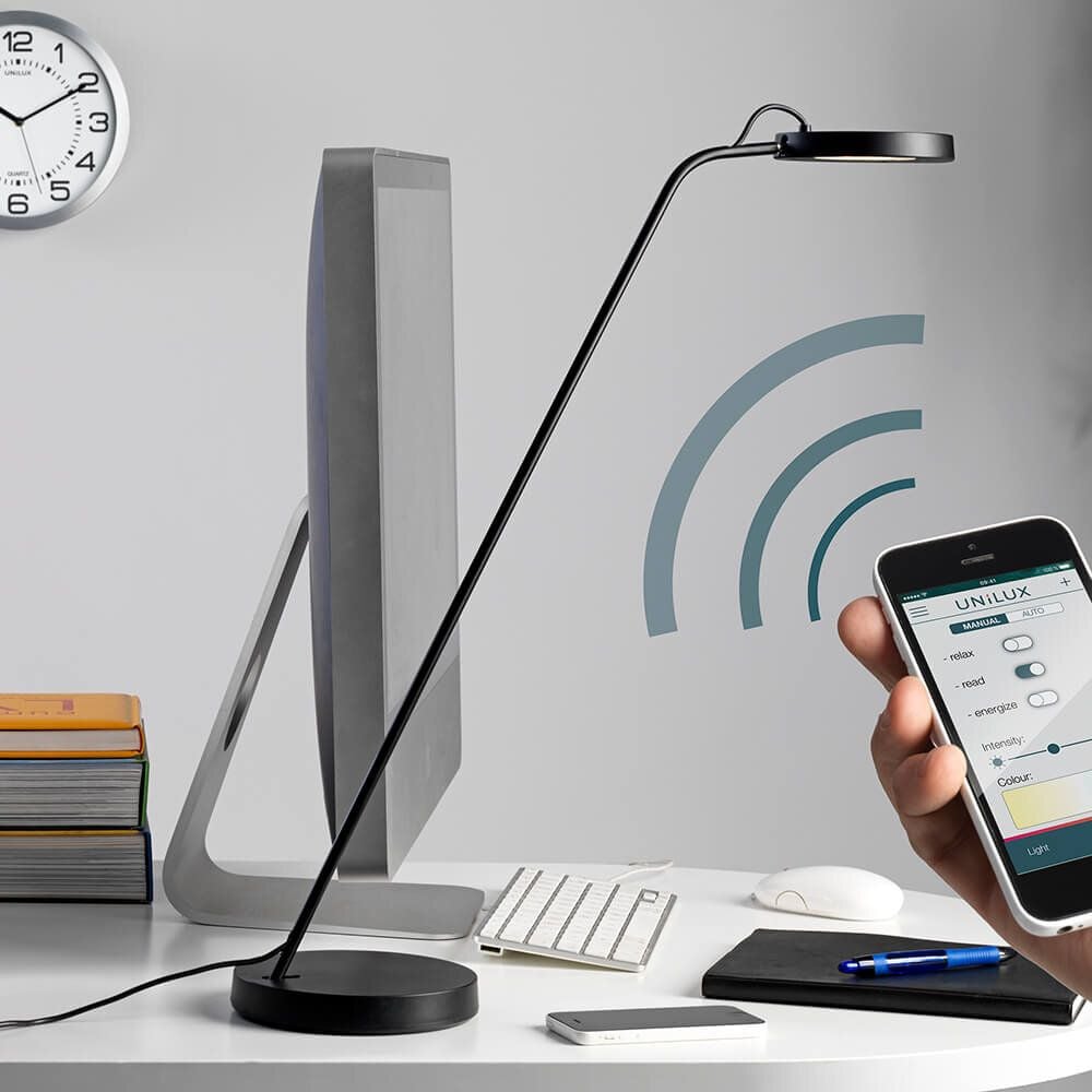 LED-Schreibtischleuchte Unilux EYELIGHT 400093835/400095547, 9 W, LED (warmweiß-tageslichtweiß), 100lm,
Bluetooth, Beleuchtungsstärke und
Farbtemperatur stufenlos über App
einstellbar, Standfuß, grau