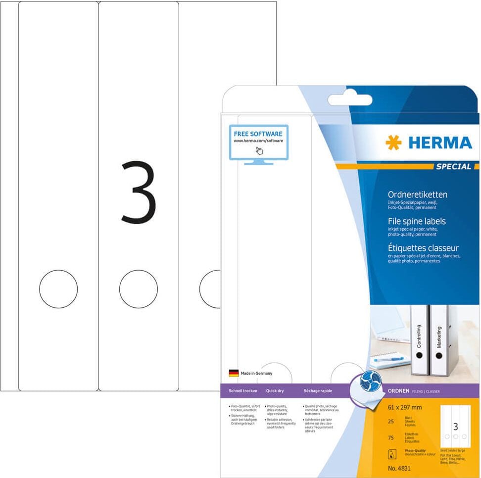 Rückenschilder Herma 4831, breit/lang, 297x61mm, Inkjet, auf A4, weiß,
Pack 25 Blatt/75 Stück