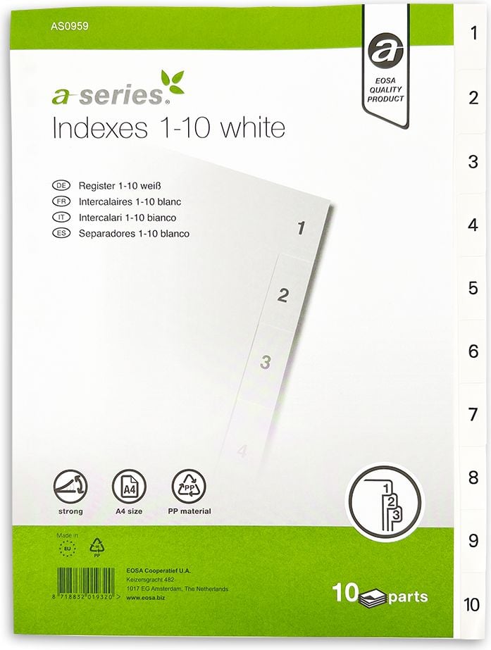 Kunststoffregister a-series A4 1-10 AS0959, A4 volle Höhe, 1-10, 10-teilig, PP, weiß