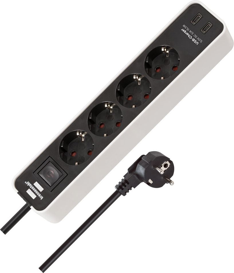 Steckdosenleiste Brennenstuhl Ecolor 4-fach 1153240106, 45 Grad-Anordnung, 1 Schalter,Kabellänge
1,5m, 2 USB-Charger, Winkelstecker, weiß