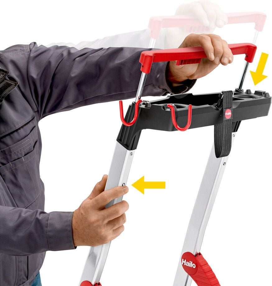 Stehleiter Hailo TopLine L100 8050-407, Sicherheits-Stufenstehleiter, 4 Stufen, belastbar bis 150 kg, Multifunktions-Ablage, Eimerschlaufe, Sicherheits-Haltebügel