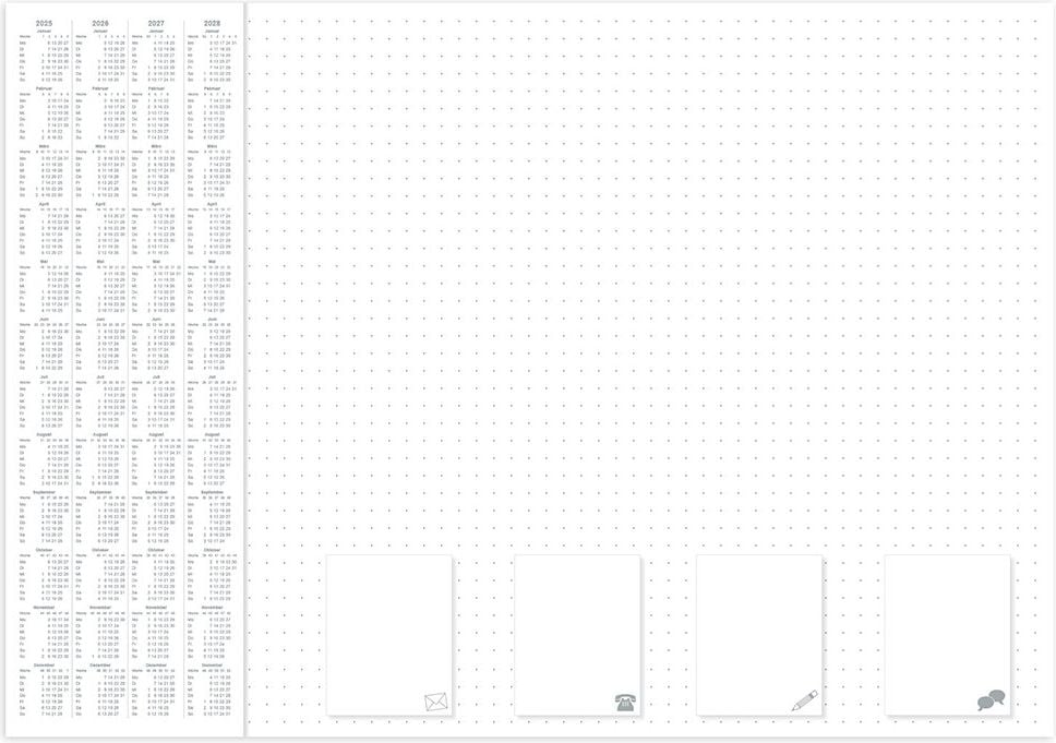 Kalender-Schreibunterlage RNK Office dotted 46647, 42x60cm, Papier, punktkariert,
4-Jahreskalendarium, weiß, Block 30 Blatt
