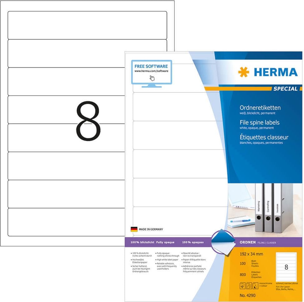 Rückenschild Herma 4290, schmal/kurz, 192x34mm, auf A4, weiß, Packung
100 Blatt / 800 Stück