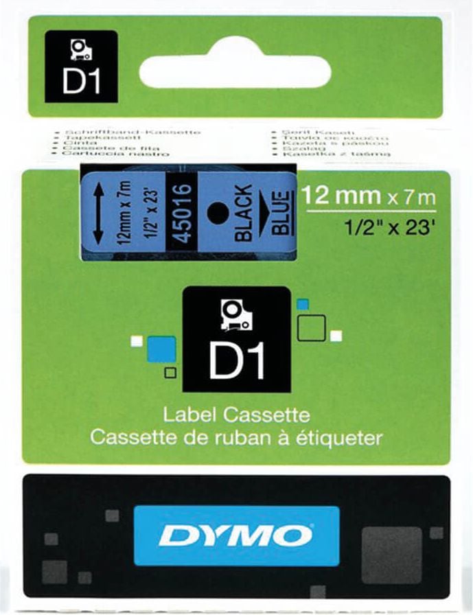 Schriftbänder Dymo D1 45016/S0720560, schwarz auf blau, 12mm/7m