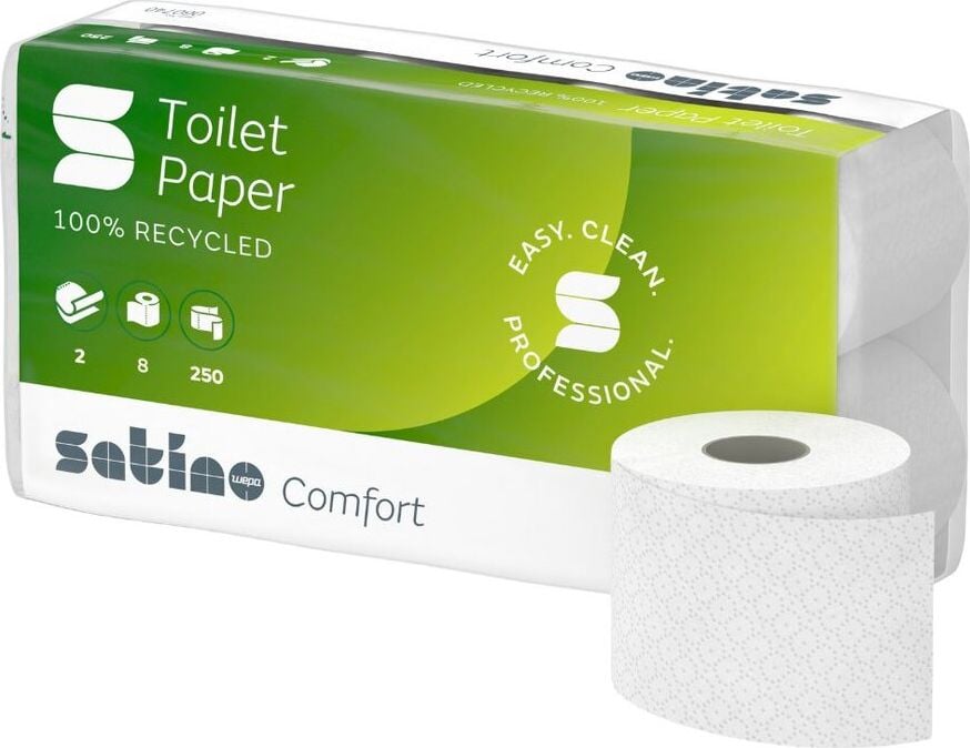 Toilettenpapier Satino by WEPA Comfort 060740, für Spendersystem MT1, Tissue Recycling,
Waffelprägung, 2-lagig, hochweiß, Pack 64
Rollen à 250 Blatt