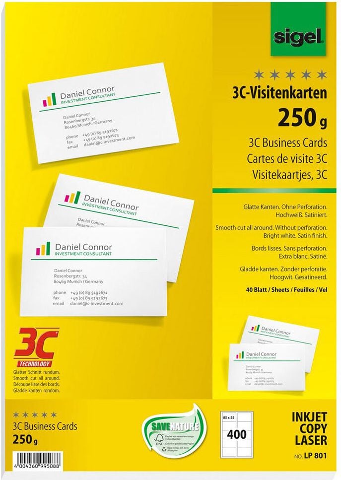 Visitenkarten Sigel LP801, 85x55mm, hochweiß 250 g/m²,
Pack 40 Bl/400 St.