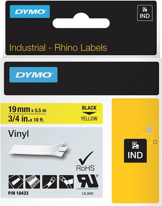 Schriftbänder Dymo RHINO Vinyl 18433/S0718470, schwarz auf gelb, 19mm/5,5m, Vinylband