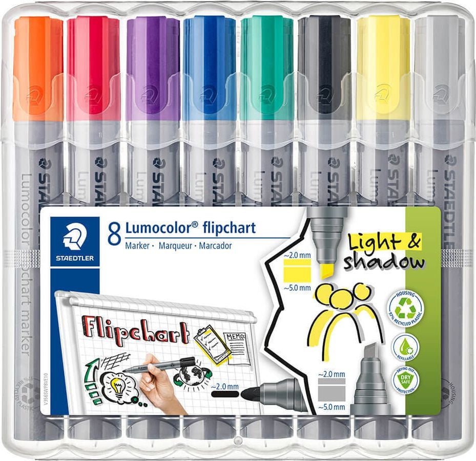 Flipchartmarker Staedtler Lumocolor flipchart marker 356SWP8, Etui mit 8 Farben, 6 x 356 Rundspitze, 2 x 356B Keilspitze, Gehäuse aus 97% recyceltem Plastik