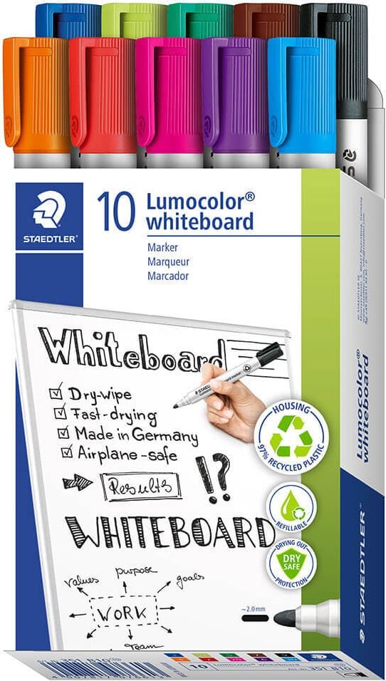 Boardmarker Staedtler Lumocolor whiteboard marker 351 B10, ca. 2mm Rundspitze, Gehäuse aus 97%
recyceltem Plastik, Kartonetui mit 10 Farben