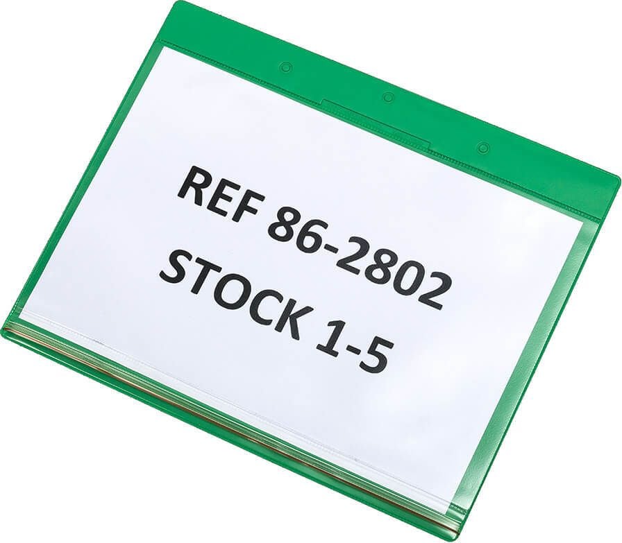 Gitterboxtaschen tarifold Kennzeichnungshülle 16324, A5 quer, variable Befestigung,
feuchtigkeitsgeschützt, PVC, Pack 10 Stück, grün