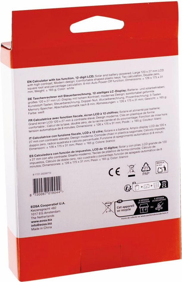 Taschenrechner a-series AS1721, 12-stelliges LC-Display, Solar- und
Batteriebetrieb, weiß