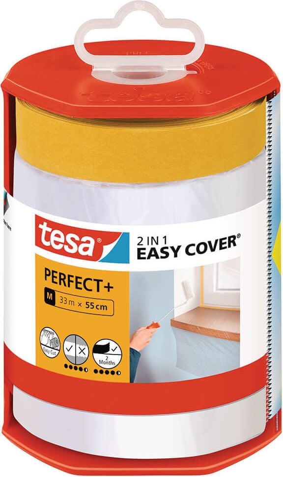 Abdeckfolienabroller Tesa Easy Cover Perfect+ 56570, 55cm x 33m, transparente Folienrolle M
inkl. Malerband im Abroller