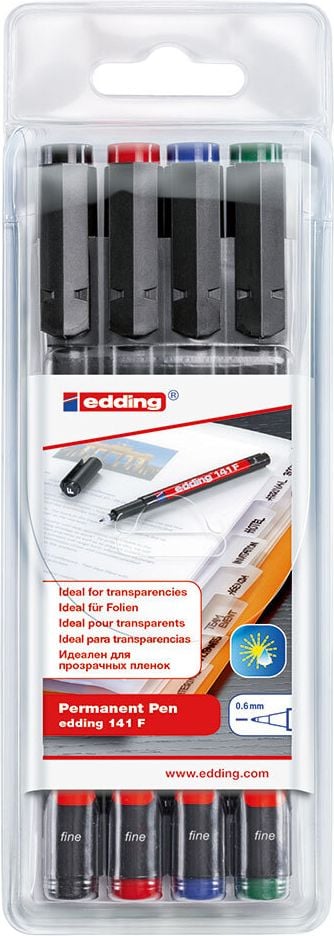 Folienschreiber Edding 141 F, F ca. 0,6mm, wasserfest, Etui mit 4 Farben
