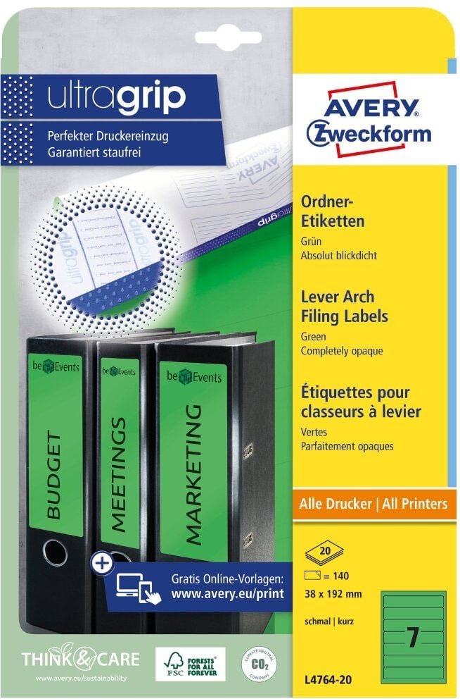 Rückenschilder Zweckform L4764-20 ultragrip, schmal/kurz, 192x38mm, auf A4, grün, Pack 20
Blatt/140 Stück