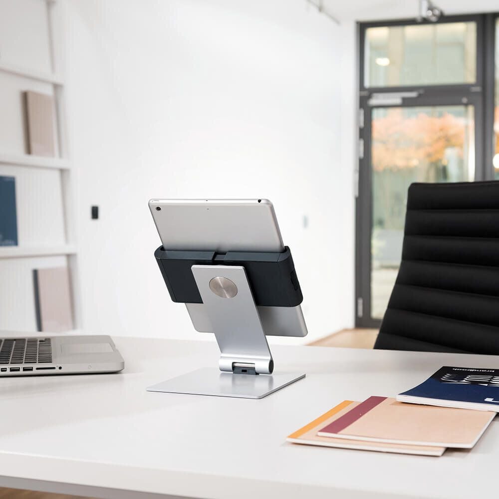 Tablethalterung Durable Tablet Holder Table 8930-23, für 7-13 Zoll Tablets im Hoch- und
Querformat, Tischständer, drehbar, neigbar, silber