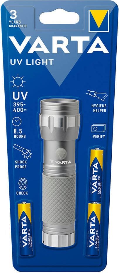 Taschenlampe Varta UV Light 15638, LED (14W UV), 395-400nm UV-Wellenlänge, 4,8m Leuchtweite, inkl. 3 Micro-Batterien (AAA)