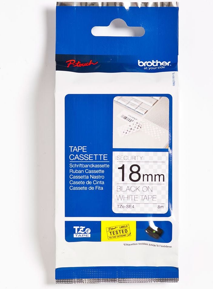 Schriftbänder Brother TZe-SE4, schwarz auf weiß, 18mm/8m, Sicherheits- und
Siegelband