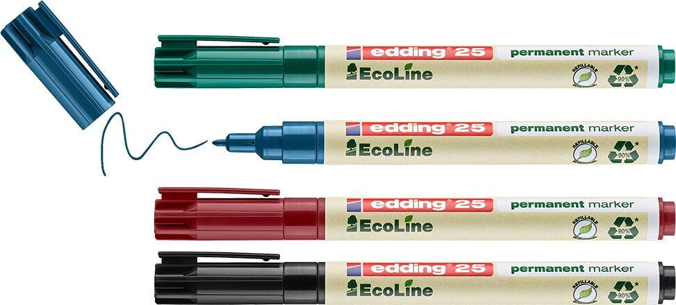 Permanentmarker Edding 25/4 EcoLine, ca. 1mm, Rundspitze, Etui mit 4 Farben, Gehäuse 90% recycelte Kunststoff