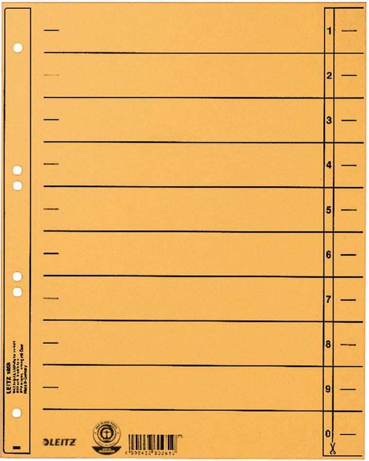 Trennblätter Leitz 1658, A4, gelocht, Manilakarton (RC) 230g/m²,
farbig, Pack 100 Stück, gelb