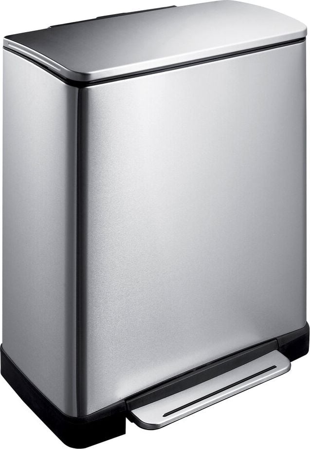 Abfalltrenner EKO E-CUBE, 28 Liter + 18 Liter, recheckig, mit Tretpedal, 2x Kunststoff-Inneneimer, Soft-Close-Deckel, Edelstahl matt, silber