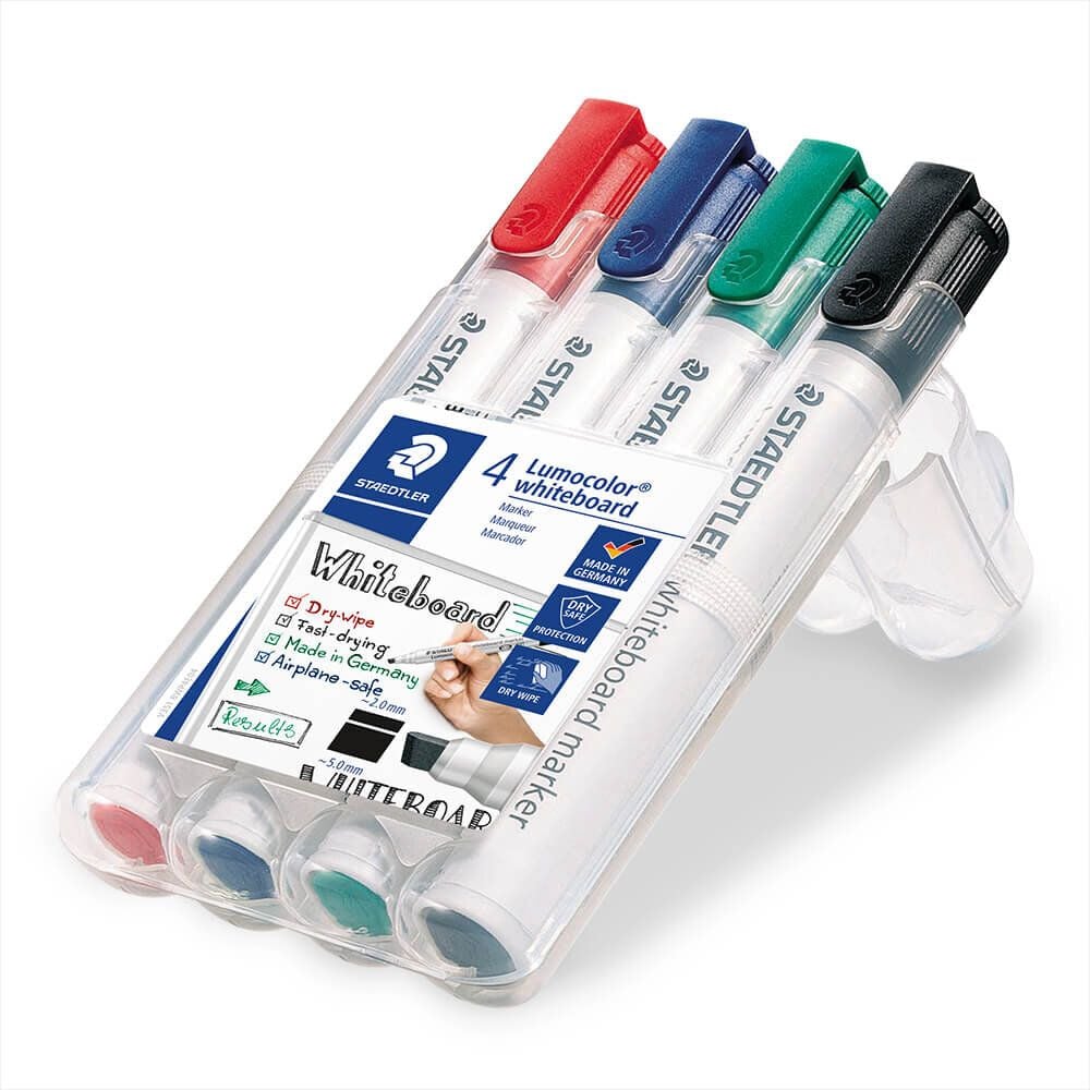 Boardmarker Staedtler Lumocolor whiteboard marker 351B WP4, ca. 2-5mm, Keilspitze, Gehäuse aus 97%
recyceltem Plastik, Etui mit 4 Farben