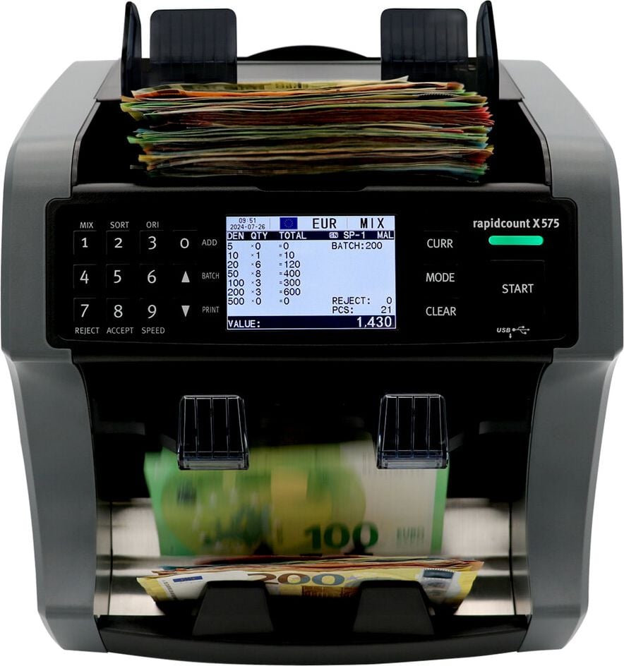 Geldscheinzähler Ratiotec rapidcount X 575, 6-fache Falschgelderkennung, zählt 1.000 Scheine/Minute, grau