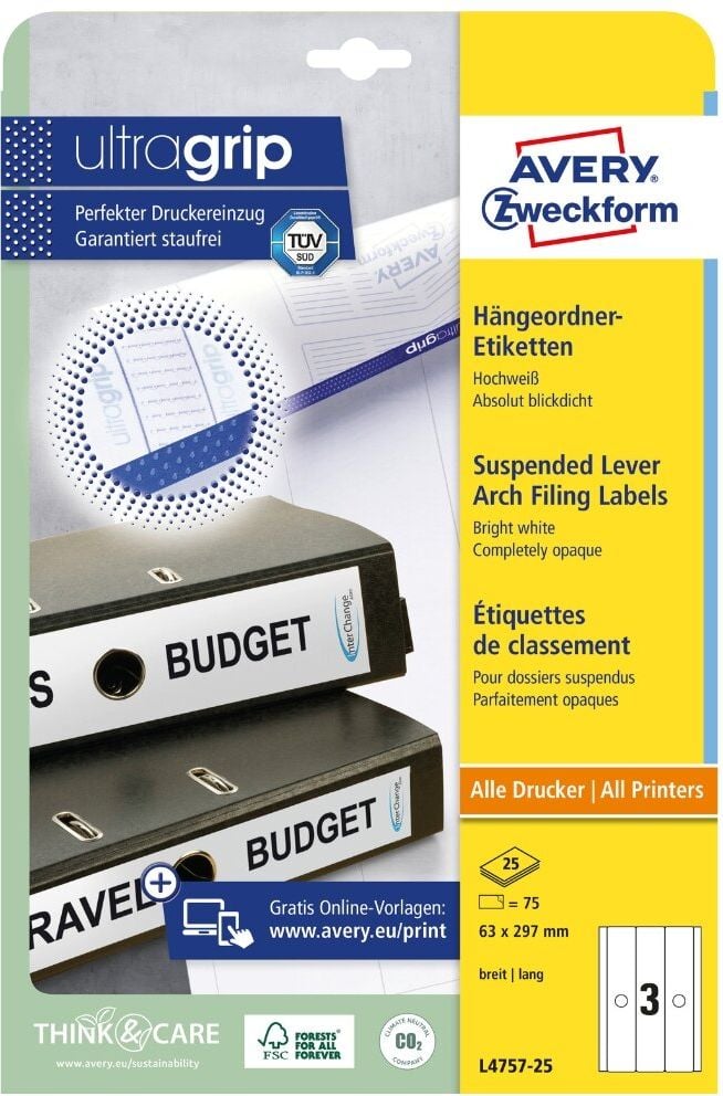 Hängeordner-Rückenschilder Zweckform L4757-25 ultragrip, breit/lang, 297x63mm, auf A4, weiß, Pack 25
Blatt/75 Stück