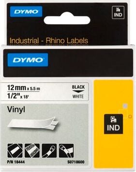 Schriftbänder Dymo RHINO Vinyl 18444/S0718600, schwarz auf weiß, 12mm/5,5m, Vinylband