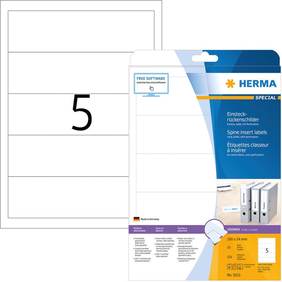 Einsteckrückenschilder Herma 5032, breit/kurz, 190x54mm, auf A4, weiß, Karton,
Pack 25 Blatt/125 Stück