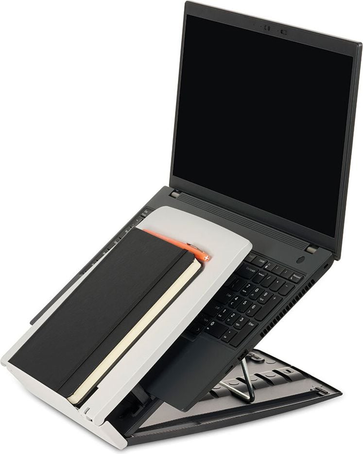 Notebookständer BakkerElkhuizen Ergo-Q 330C BNEQ330C, bis 17 Zoll Notebooks, Tragfähigkeit bis 6kg, höhenverstellbar, Dokumentenhalter, hellgrau/schwarz, 96% recyceltes Material, grau