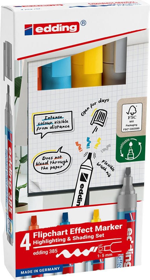 Flipchart-Effektmarker Edding 4-385, ca. 1,5 - 5mm, Keilspitze, Pack 4 Stück