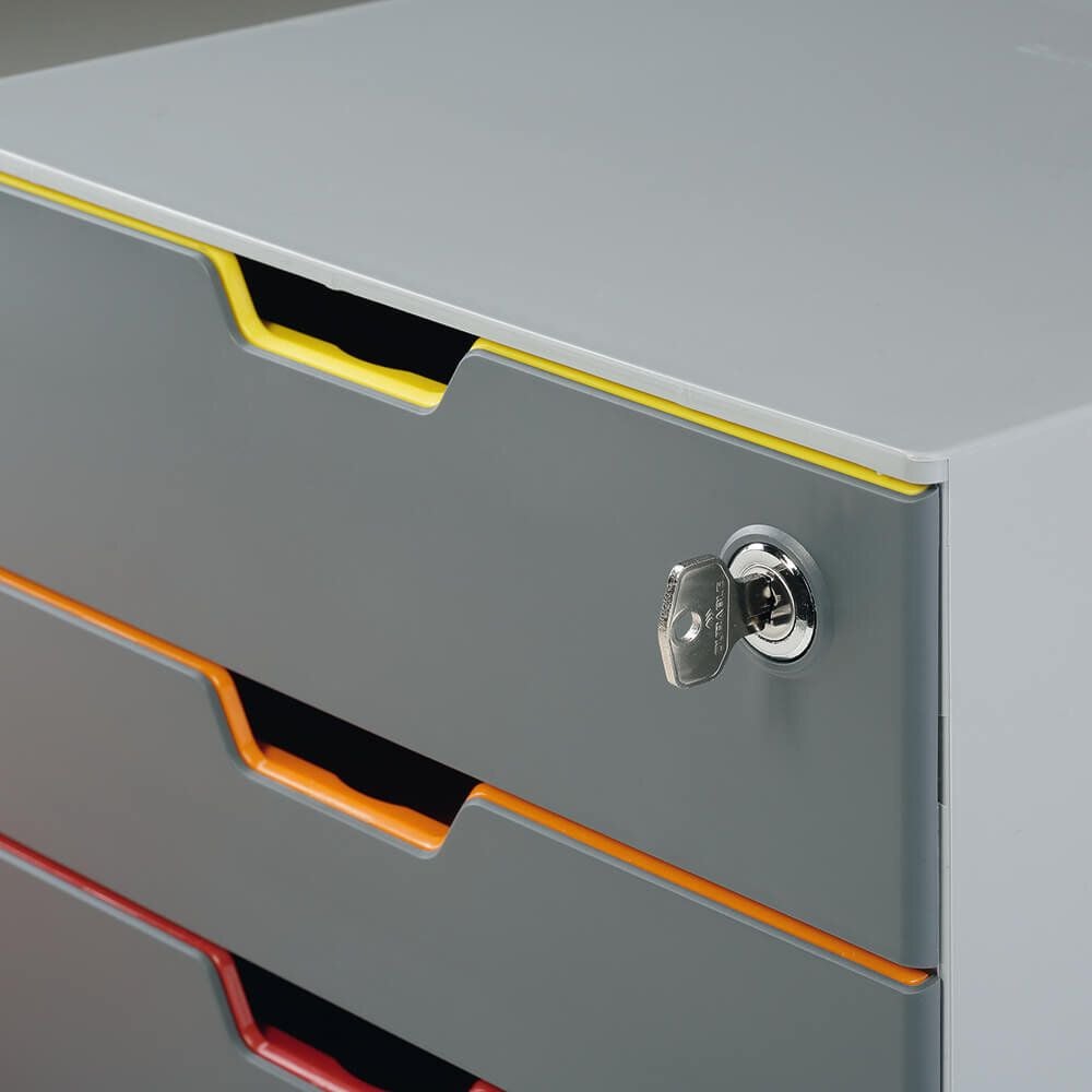 Schubladenbox Durable Varicolor 4 SAFE 7606, für A4, 4 geschlossene Schubladen, oberste
Schublade durch Zylinderschloss abschließbar