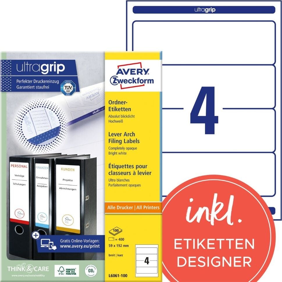 Rückenschilder Zweckform L6061-100 ultragrip, breit/kurz, 192x59mm, auf A4, weiß,
Pack 100 Blatt/400 Stück