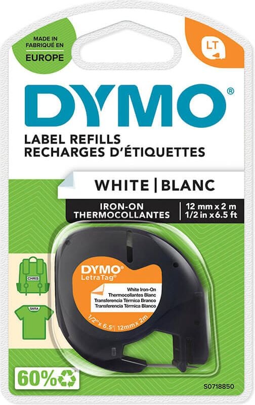 Schriftbänder Dymo LT S0718850, Nylon, schwarz auf weiß, 12mm/2m, aufbügelbar