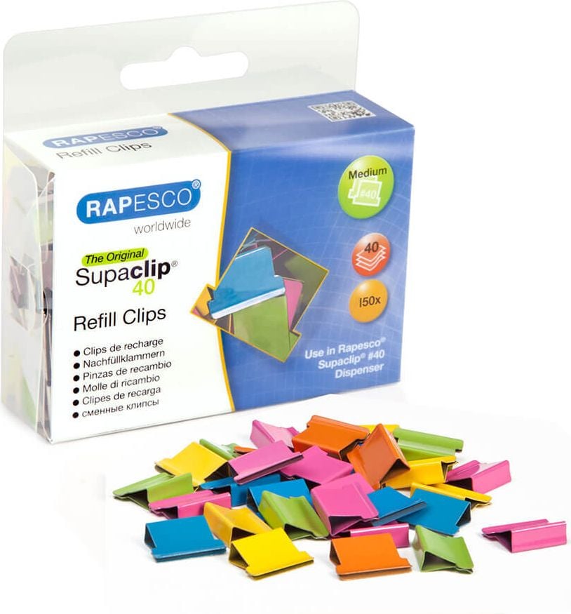 Supaclip 40 Ersatzclips Rapesco CP15040M, sortiert, Pack à 150 Stück
