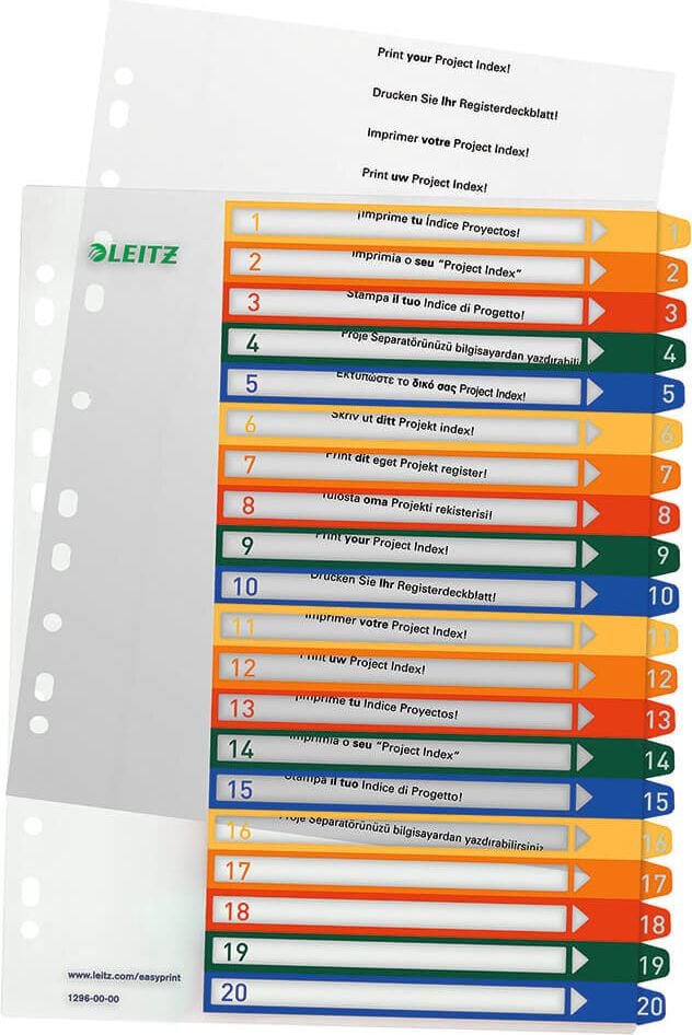 Kunststoffregister Leitz A4 Überbreite 1-20 1296, A4 Überbreite, 1-20, 20-teilig, PP,
mehrfarbig, Pack 6 Stück