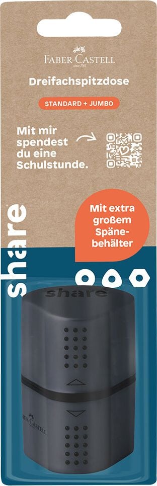 Dosenanspitzer share made by Faber-Castell, Dreifachspitzer, geeignet für Blei- und
Buntstifte, Kunststoff, grau