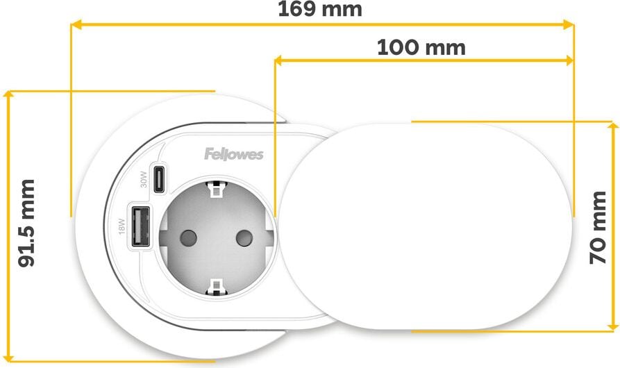Einbausteckdose Fellowes Power Spot Type F, 1x Steckdose, 1x USB-A, 1x USB-C, Kabellänge
2m, Schiebeabdeckung, weiß