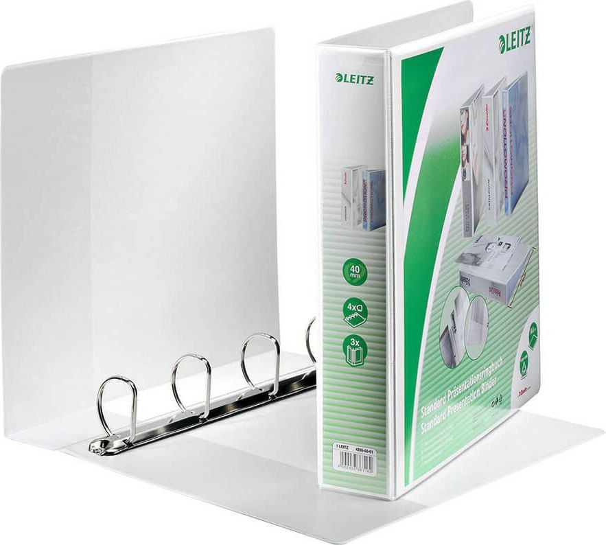 Präsentationsringbuch Leitz Standard 42860001, A4, 4 Ringe, 63mm Rücken, 40mm
Ringdurchmesser/Füllhöhe, weiß, Pack 4 Stück, weiß