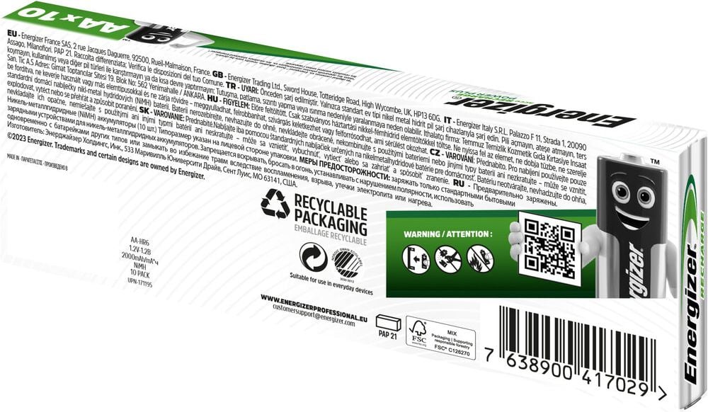 Akkus Energizer NiMH Power Plus Mignon (AA), 1,2 V, 2000 mAh, aus 22% recycelten Materialien, Pack 10 Stück