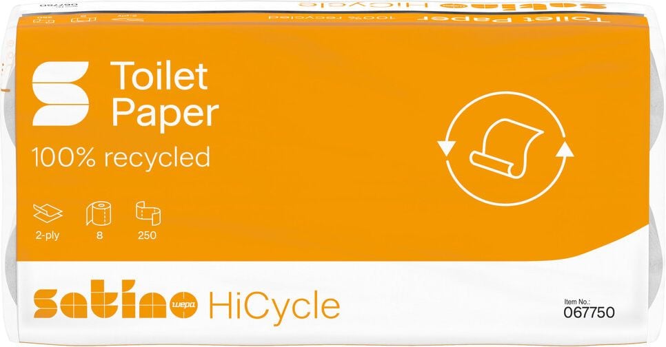 Toilettenpapier Satino by WEPA Smart 060610, für Spendersystem MT1, Recyclingpapier,
Waffelprägung, 2-lagig, hochweiß, Pack 64
Rollen à 250 Blatt